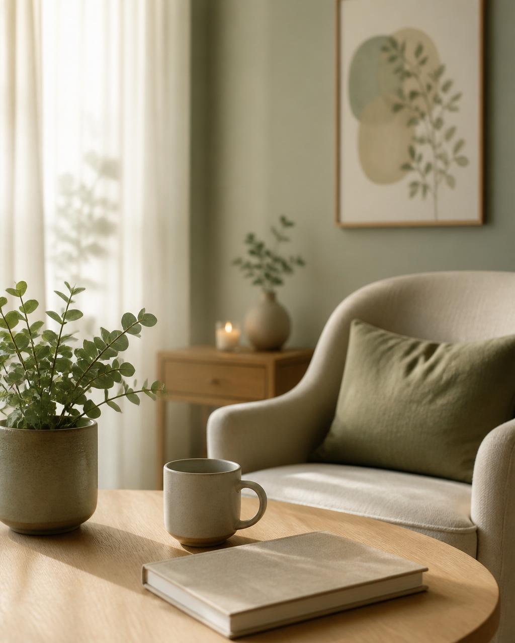A calm, sunlit consultation space with soft textiles, a green plant, and a notebook