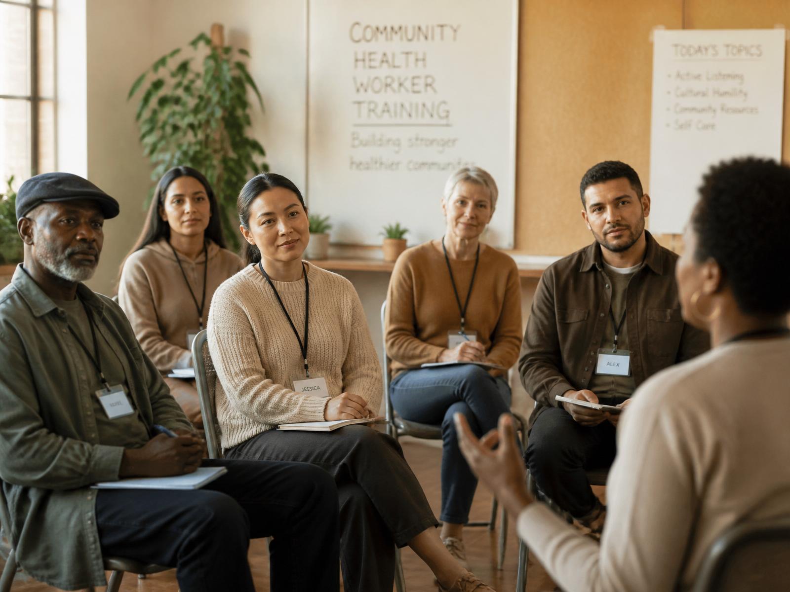 A diverse group participating in a community health worker training workshop